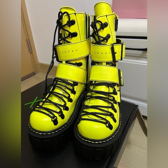 Club Exx Neon Yellow/Green Low Traitor Combat Boots D-Ring Lace Up – NIB - Picture 2 of 9